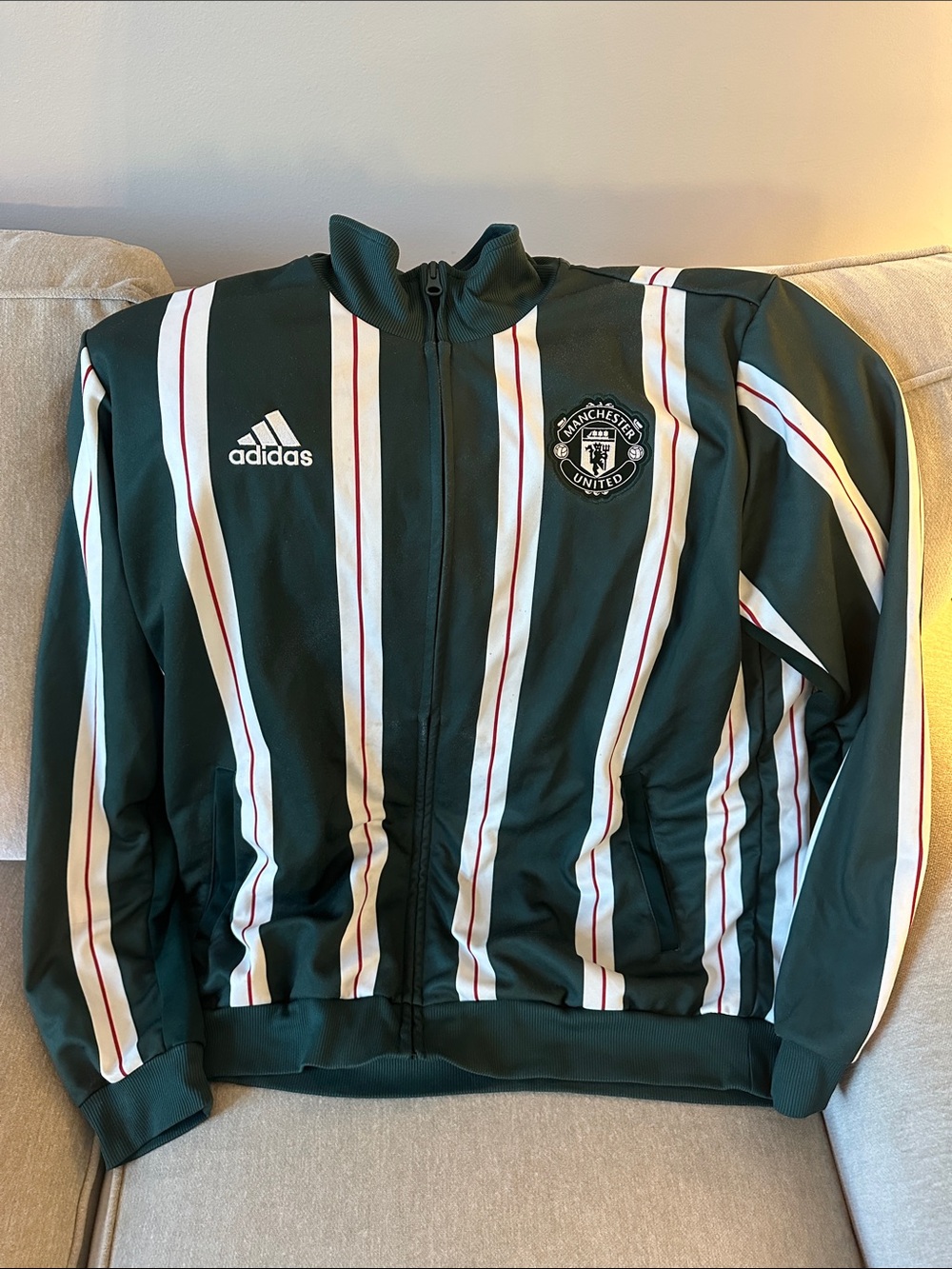 adidas Green and White Striped Manchester United Track Jacket